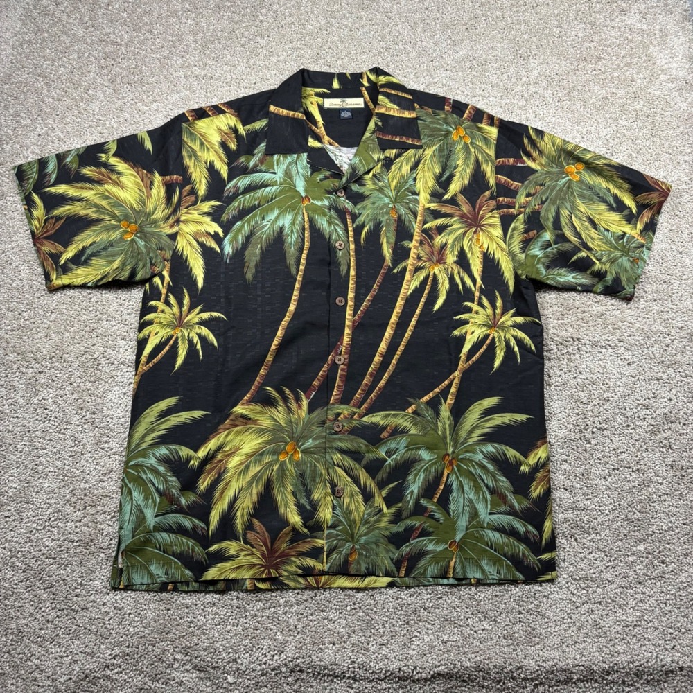 Tommy Bahama Mens M Black Silk Palm Tree Tropical Hawaiian Aloha Shirt SS